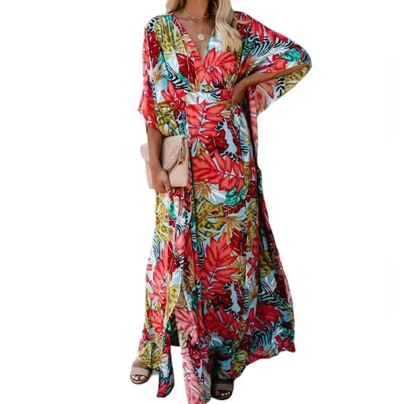 ✨NEW ✨ Boho Maxi Tropical Floral Colorful Caftan Beach Swim Cover Up Dress OS - Picture 2 of 16
